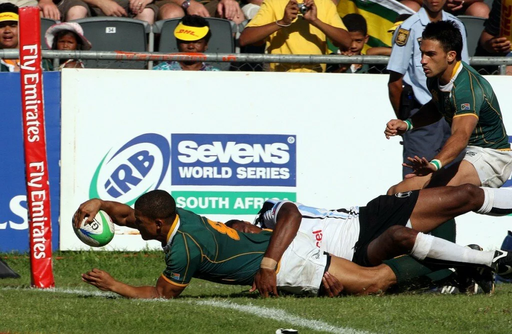 Ryno Benjamin scores the first of his two tries during the George IRB Sevens World Series 'X' Cup Semi Final 7s match between South Africa and Fiji held on the final day of the George Sevens at Outeniqua Park in George, Western Cape